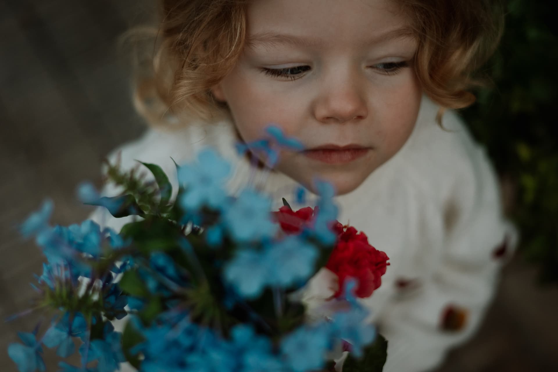 Kind ruikt aan een boeketje blauwe bloemen